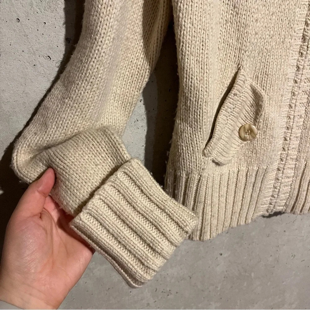 Ann Taylor Loft Womens Zip Cardigan Sweater Lambswool Faux Fur Collar Beige S - Picture 6 of 9